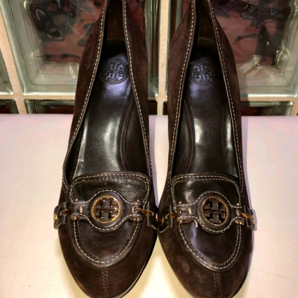 Tory Burch Brown stack suede heel 10M